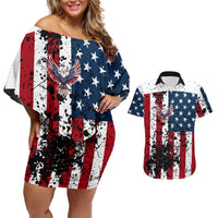 Custom American Flag Motocross Couples Matching Off Shoulder Short Dress and Hawaiian Shirt with Eagle Graphic - Wonder Print Shop