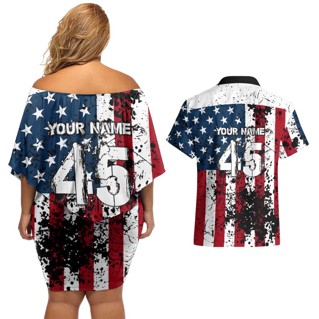 Custom American Flag Motocross Couples Matching Off Shoulder Short Dress and Hawaiian Shirt with Eagle Graphic - Wonder Print Shop