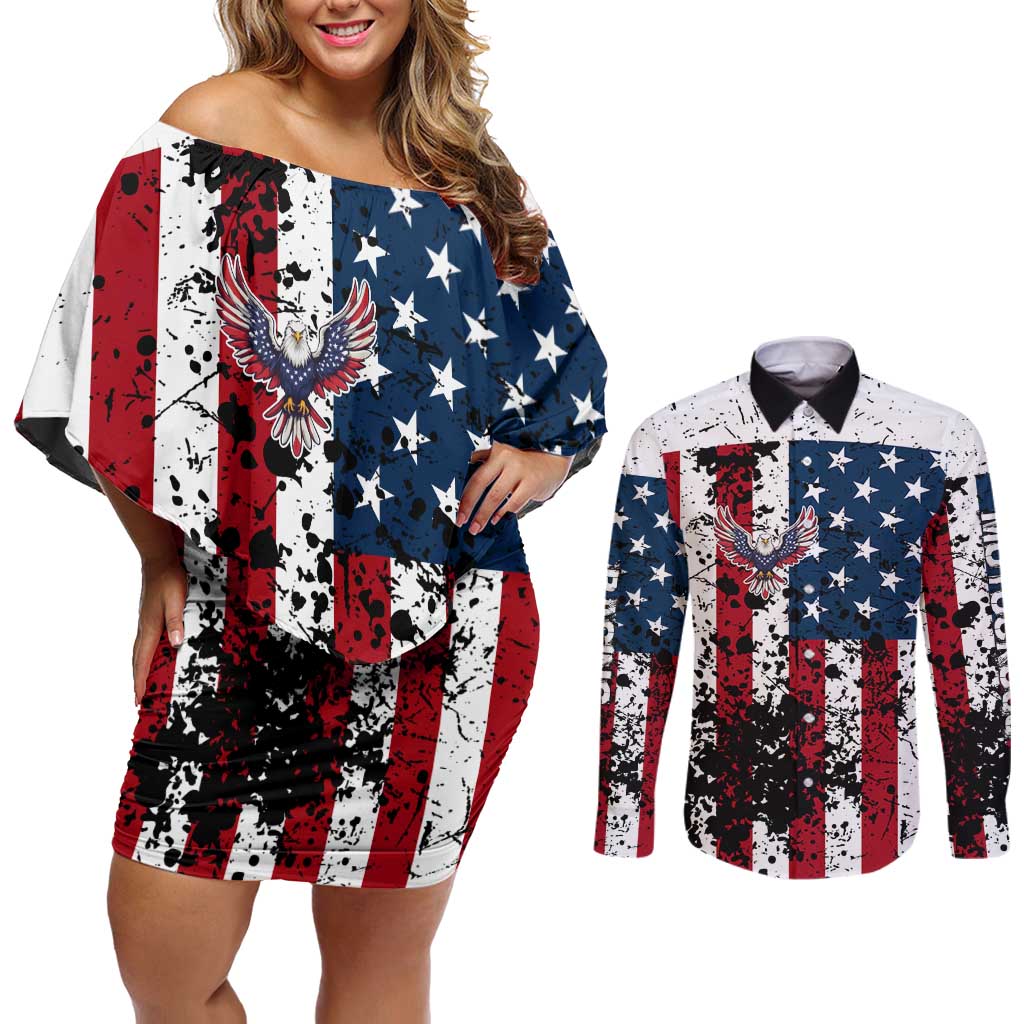Custom American Flag Motocross Couples Matching Off Shoulder Short Dress and Long Sleeve Button Shirt with Eagle Graphic - Wonder Print Shop