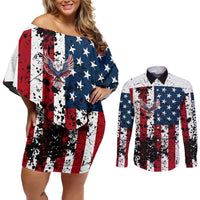 Custom American Flag Motocross Couples Matching Off Shoulder Short Dress and Long Sleeve Button Shirt with Eagle Graphic - Wonder Print Shop