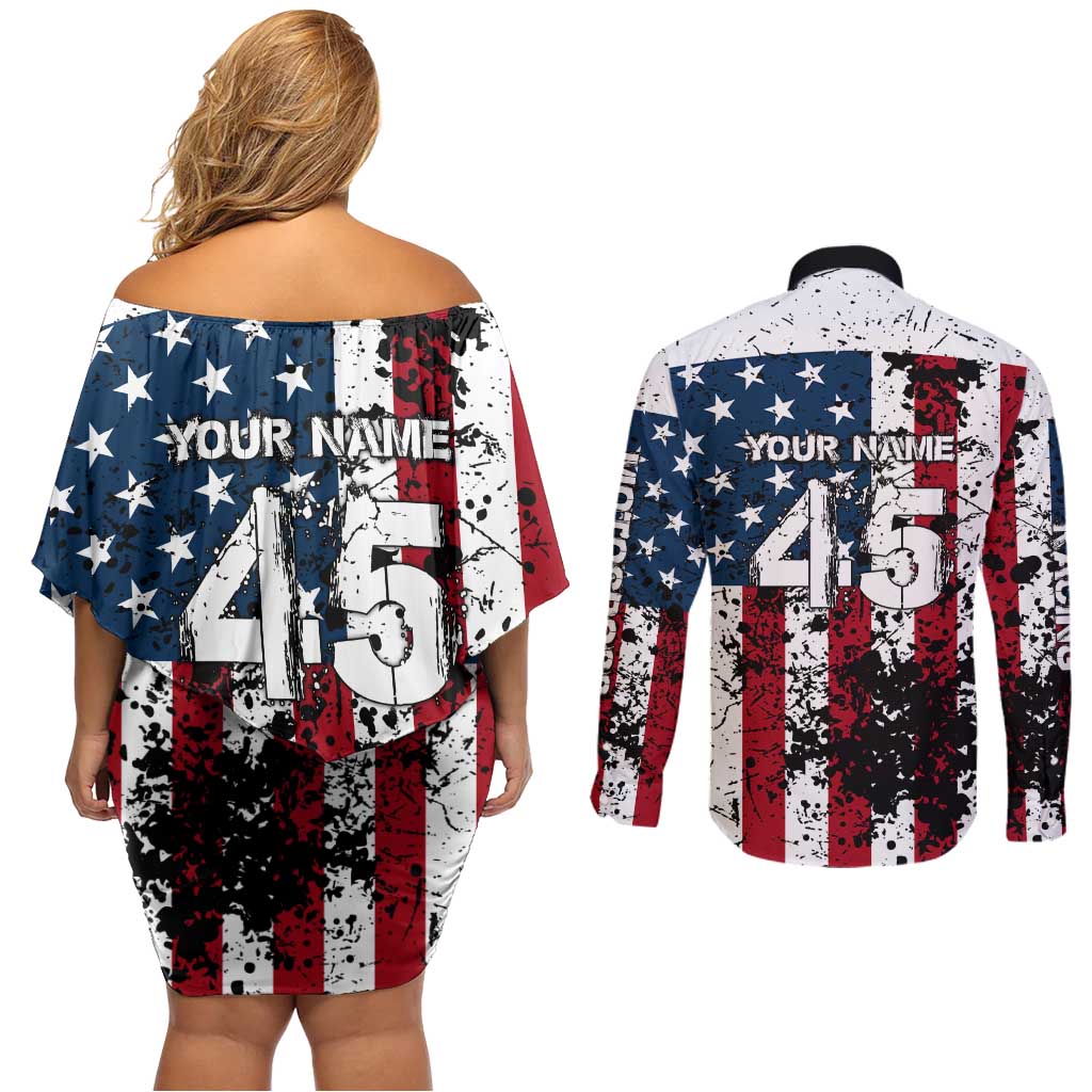 Custom American Flag Motocross Couples Matching Off Shoulder Short Dress and Long Sleeve Button Shirt with Eagle Graphic - Wonder Print Shop