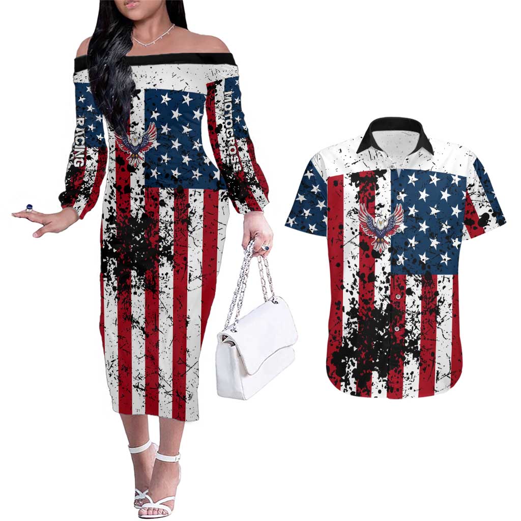 Custom American Flag Motocross Couples Matching Off The Shoulder Long Sleeve Dress and Hawaiian Shirt with Eagle Graphic - Wonder Print Shop