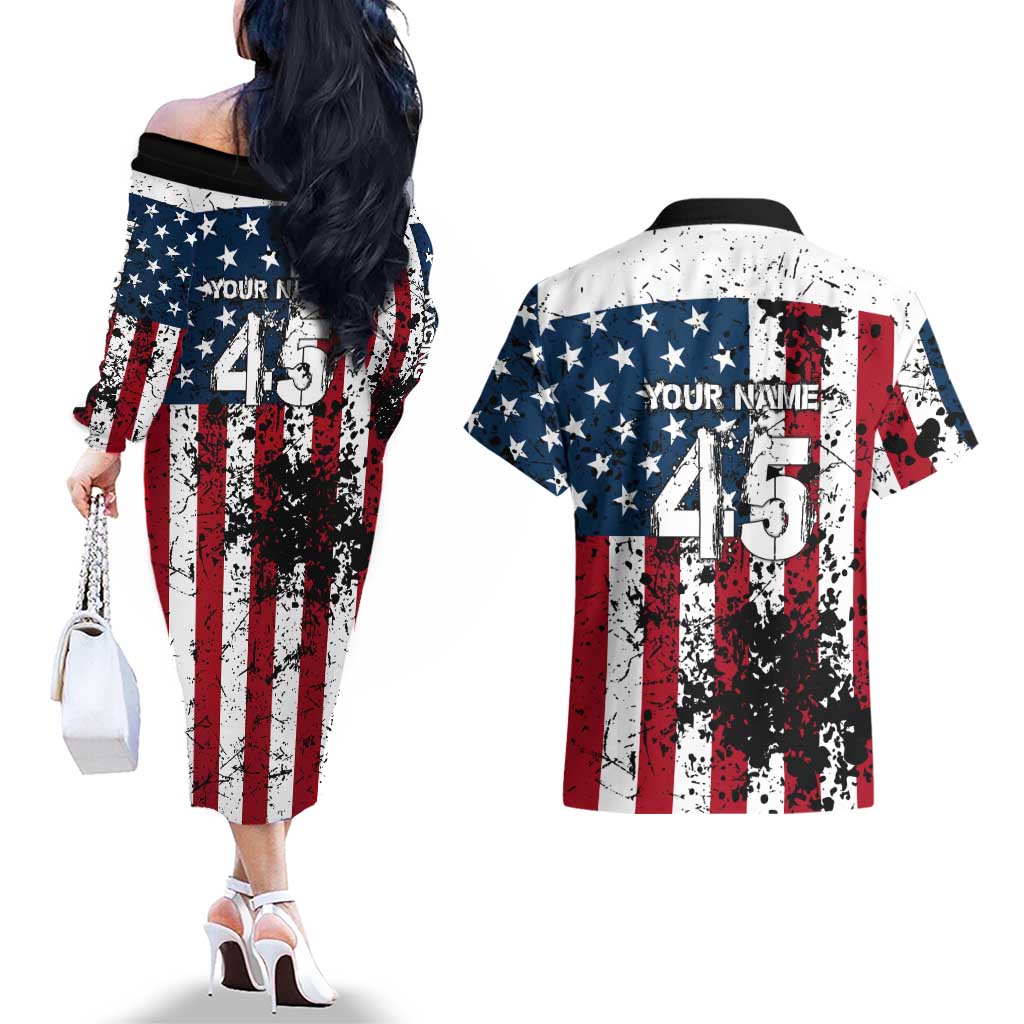 Custom American Flag Motocross Couples Matching Off The Shoulder Long Sleeve Dress and Hawaiian Shirt with Eagle Graphic - Wonder Print Shop