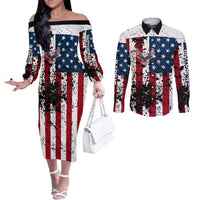 Custom American Flag Motocross Couples Matching Off The Shoulder Long Sleeve Dress and Long Sleeve Button Shirt with Eagle Graphic - Wonder Print Shop