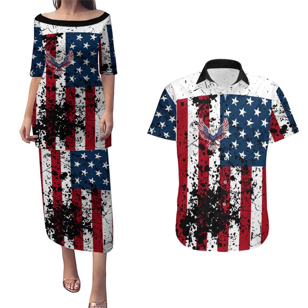 Custom American Flag Motocross Couples Matching Puletasi and Hawaiian Shirt with Eagle Graphic - Wonder Print Shop
