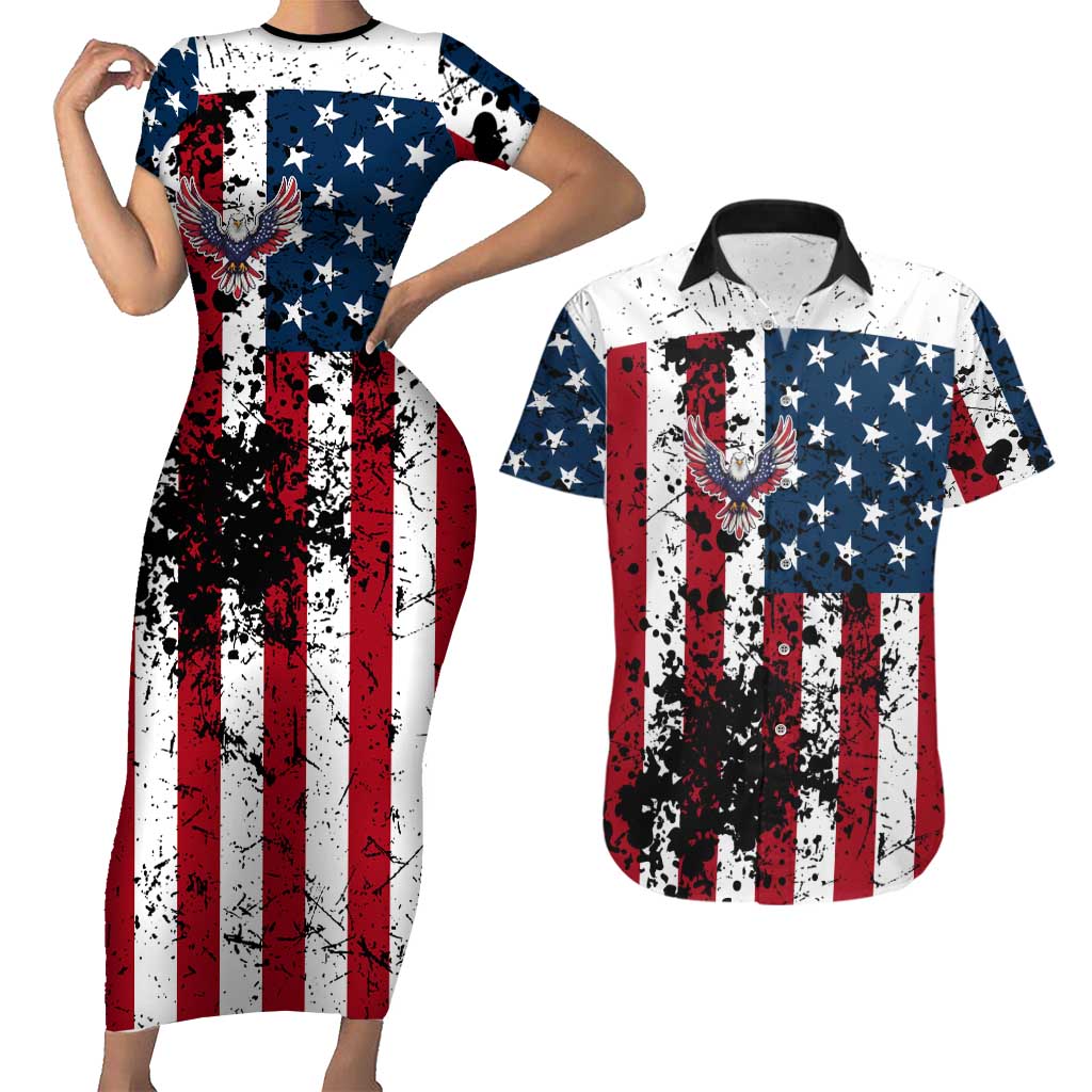 Custom American Flag Motocross Couples Matching Short Sleeve Bodycon Dress and Hawaiian Shirt with Eagle Graphic - Wonder Print Shop