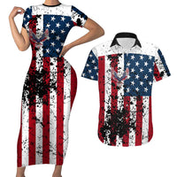 Custom American Flag Motocross Couples Matching Short Sleeve Bodycon Dress and Hawaiian Shirt with Eagle Graphic - Wonder Print Shop