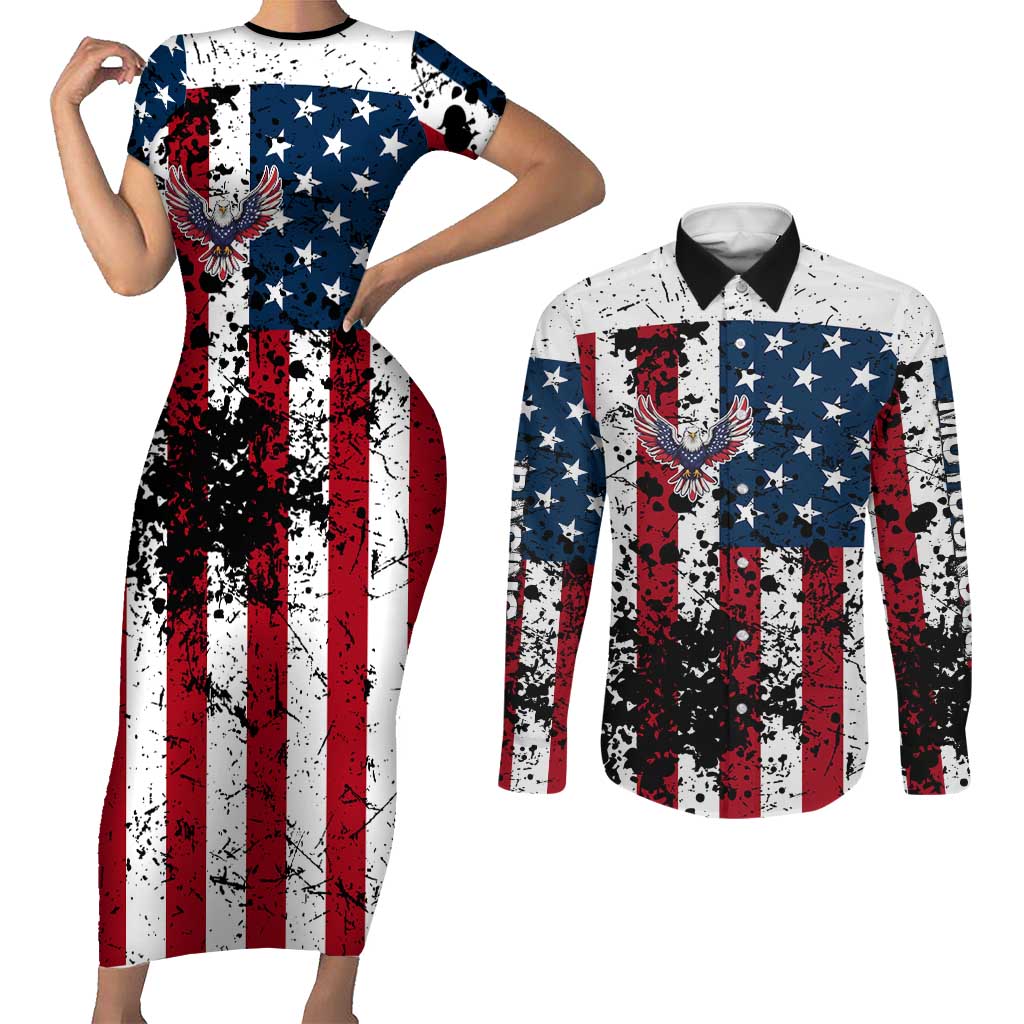 Custom American Flag Motocross Couples Matching Short Sleeve Bodycon Dress and Long Sleeve Button Shirt with Eagle Graphic - Wonder Print Shop