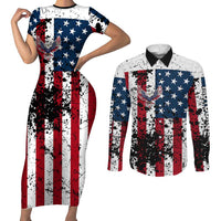 Custom American Flag Motocross Couples Matching Short Sleeve Bodycon Dress and Long Sleeve Button Shirt with Eagle Graphic - Wonder Print Shop