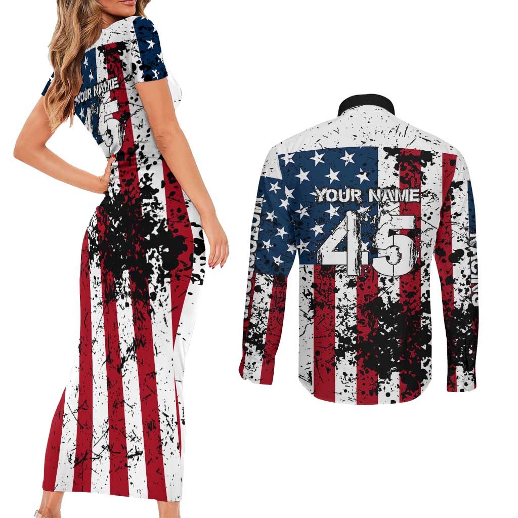 Custom American Flag Motocross Couples Matching Short Sleeve Bodycon Dress and Long Sleeve Button Shirt with Eagle Graphic - Wonder Print Shop