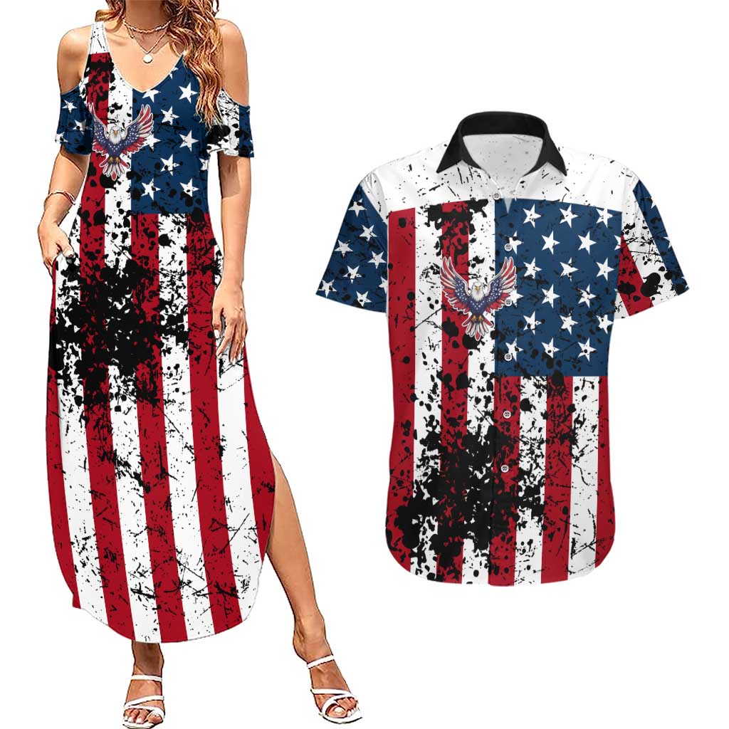 Custom American Flag Motocross Couples Matching Summer Maxi Dress and Hawaiian Shirt with Eagle Graphic - Wonder Print Shop
