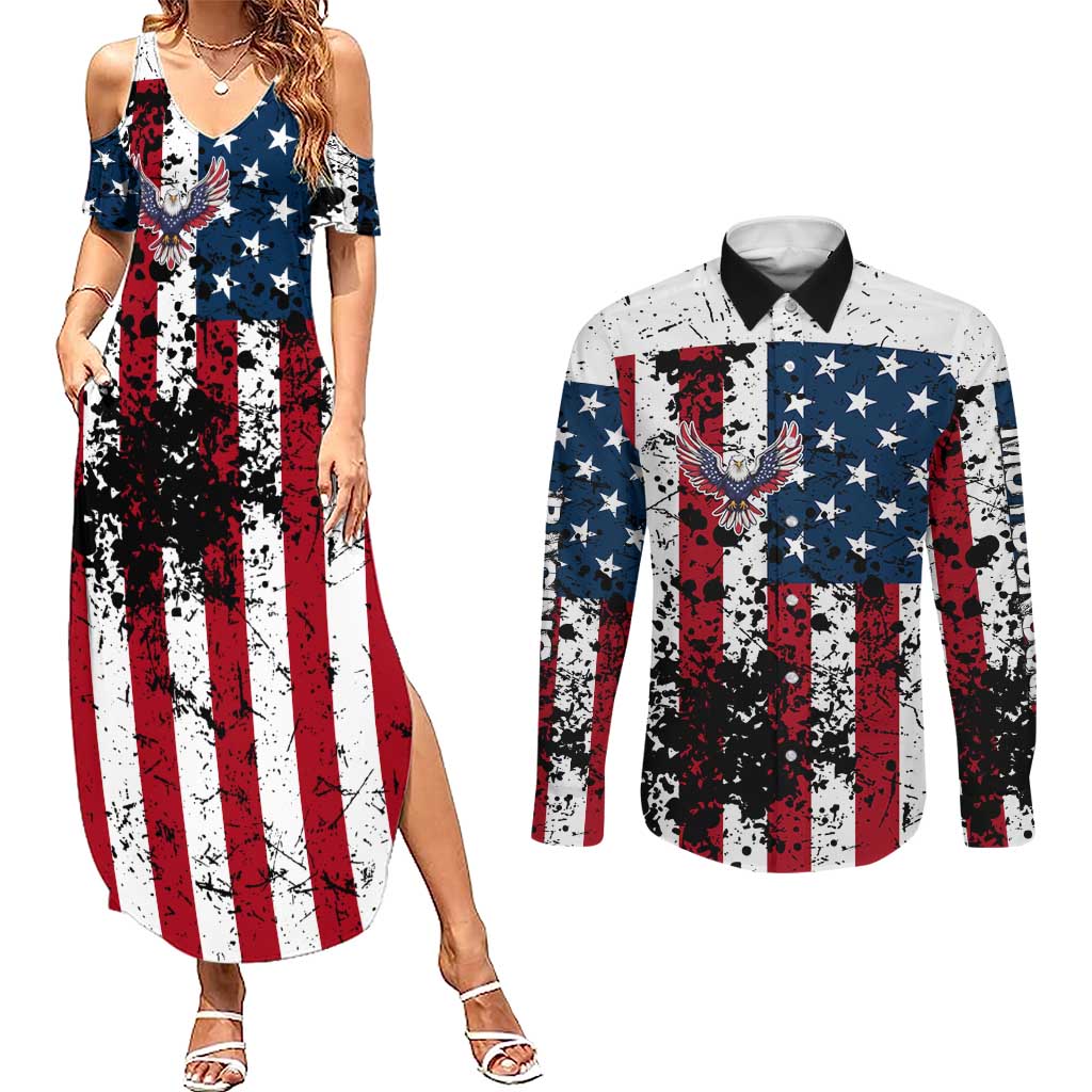 Custom American Flag Motocross Couples Matching Summer Maxi Dress and Long Sleeve Button Shirt with Eagle Graphic - Wonder Print Shop