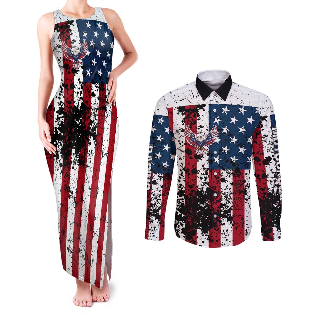 Custom American Flag Motocross Couples Matching Tank Maxi Dress and Long Sleeve Button Shirt with Eagle Graphic - Wonder Print Shop