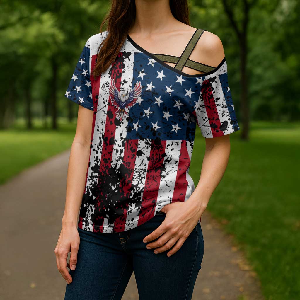 Custom American Flag Motocross Cross Shoulder Shirt with Eagle Graphic - Wonder Print Shop