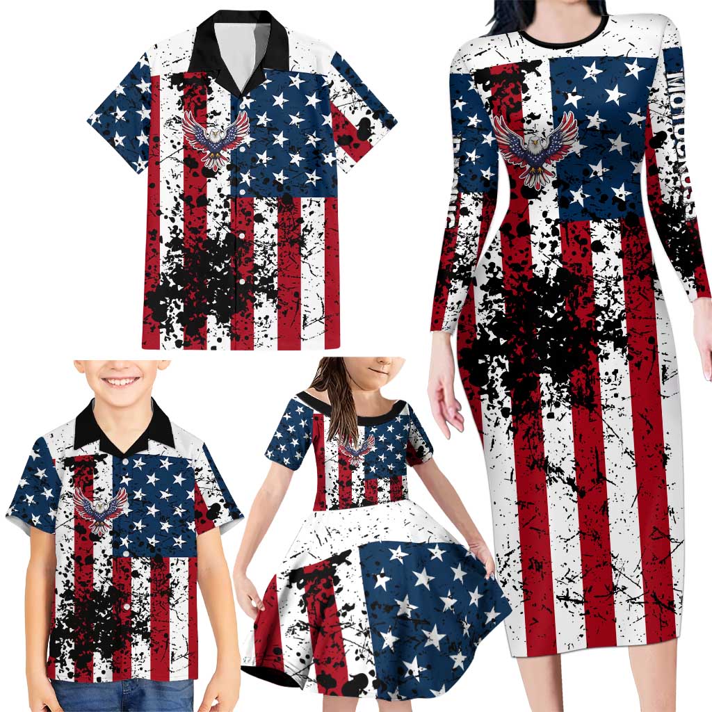 Custom American Flag Motocross Family Matching Long Sleeve Bodycon Dress and Hawaiian Shirt with Eagle Graphic - Wonder Print Shop