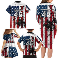 Custom American Flag Motocross Family Matching Long Sleeve Bodycon Dress and Hawaiian Shirt with Eagle Graphic - Wonder Print Shop