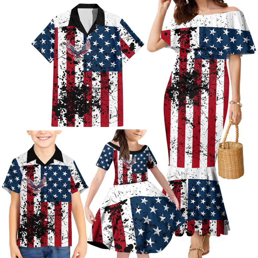 Custom American Flag Motocross Family Matching Mermaid Dress and Hawaiian Shirt with Eagle Graphic - Wonder Print Shop