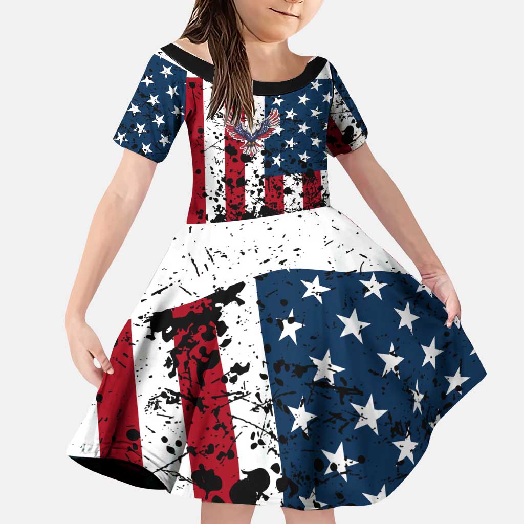 Custom American Flag Motocross Family Matching Off The Shoulder Long Sleeve Dress and Hawaiian Shirt with Eagle Graphic - Wonder Print Shop