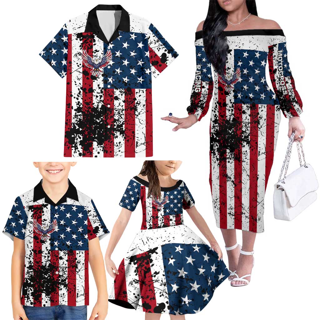 Custom American Flag Motocross Family Matching Off The Shoulder Long Sleeve Dress and Hawaiian Shirt with Eagle Graphic - Wonder Print Shop