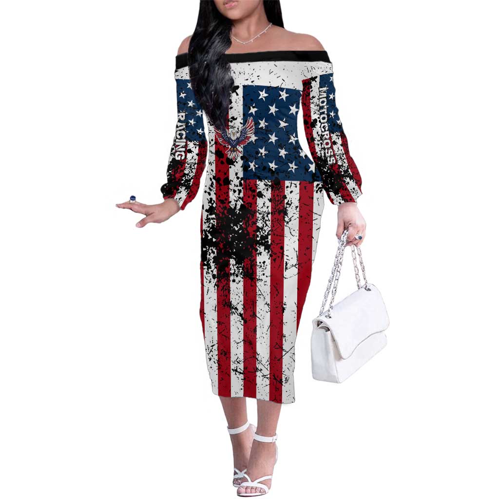 Custom American Flag Motocross Family Matching Off The Shoulder Long Sleeve Dress and Hawaiian Shirt with Eagle Graphic - Wonder Print Shop