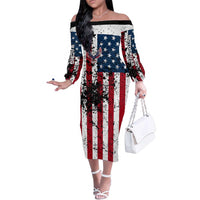 Custom American Flag Motocross Family Matching Off The Shoulder Long Sleeve Dress and Hawaiian Shirt with Eagle Graphic - Wonder Print Shop