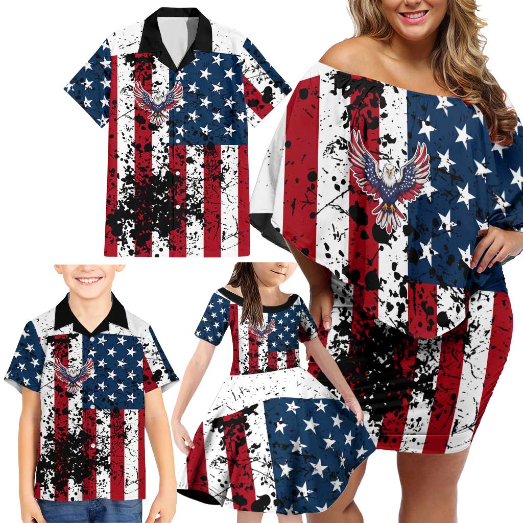 Custom American Flag Motocross Family Matching Off Shoulder Short Dress and Hawaiian Shirt with Eagle Graphic - Wonder Print Shop