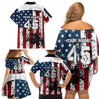 Custom American Flag Motocross Family Matching Off Shoulder Short Dress and Hawaiian Shirt with Eagle Graphic - Wonder Print Shop