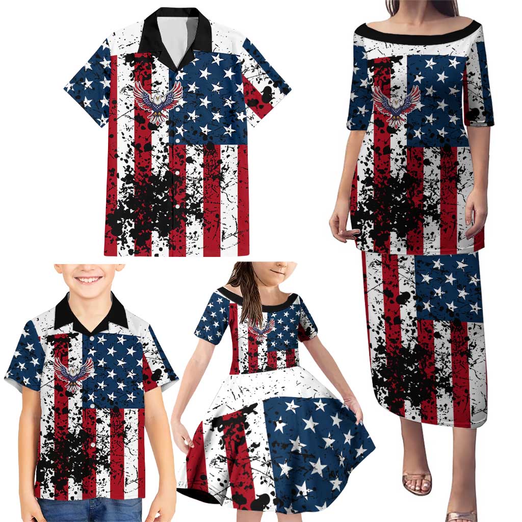 Custom American Flag Motocross Family Matching Puletasi and Hawaiian Shirt with Eagle Graphic - Wonder Print Shop