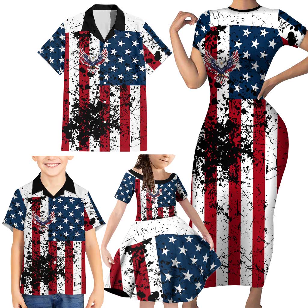 Custom American Flag Motocross Family Matching Short Sleeve Bodycon Dress and Hawaiian Shirt with Eagle Graphic - Wonder Print Shop
