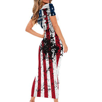 Custom American Flag Motocross Family Matching Short Sleeve Bodycon Dress and Hawaiian Shirt with Eagle Graphic - Wonder Print Shop