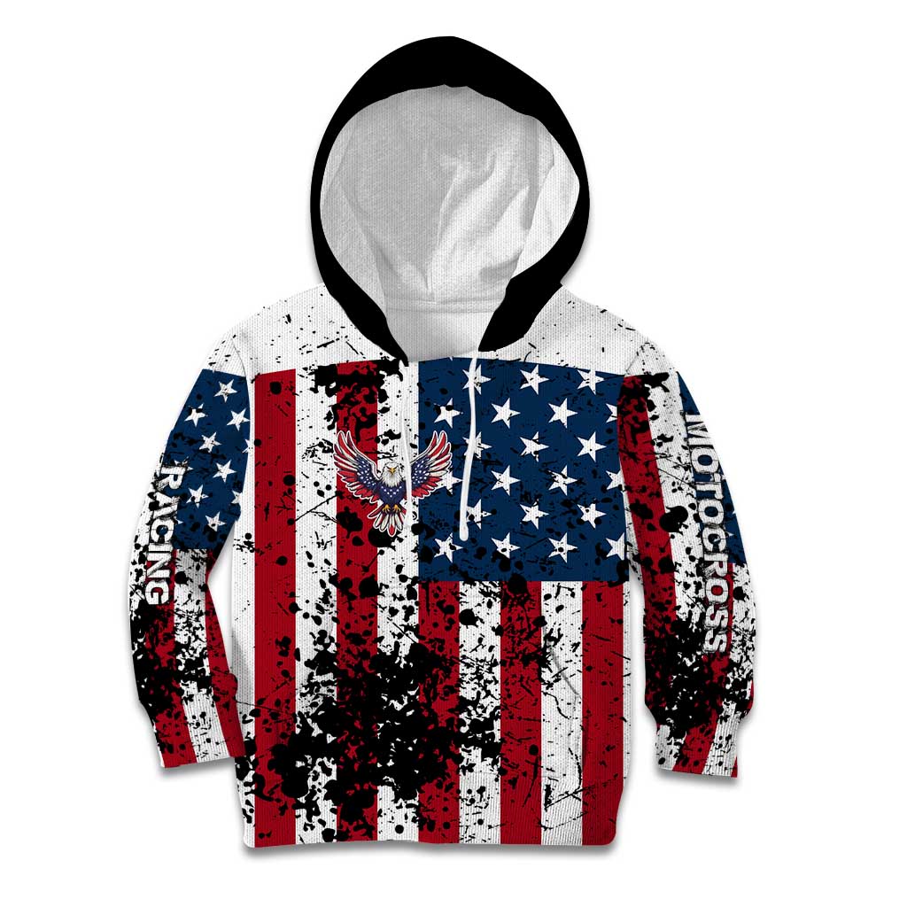 Custom American Flag Motocross Kid Hoodie with Eagle Graphic - Wonder Print Shop