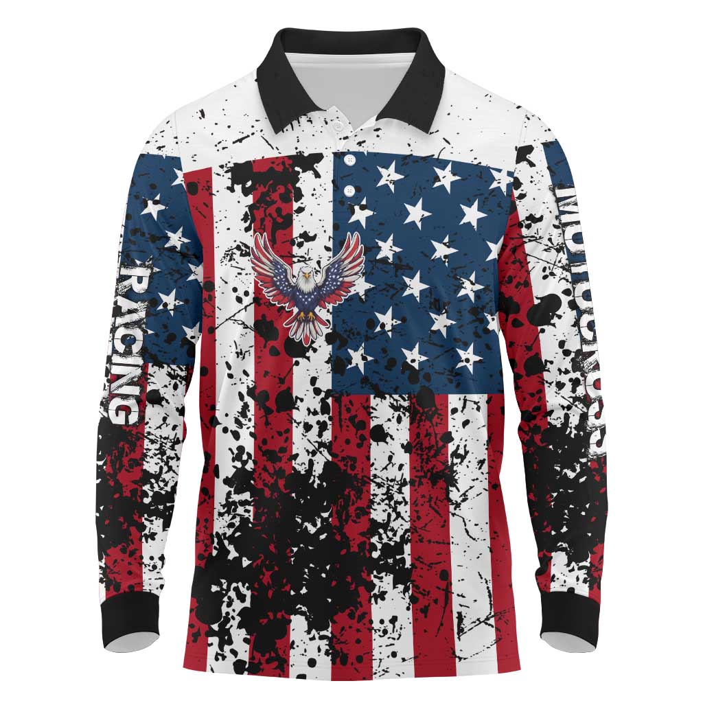 Custom American Flag Motocross Long Sleeve Polo Shirt with Eagle Graphic - Wonder Print Shop