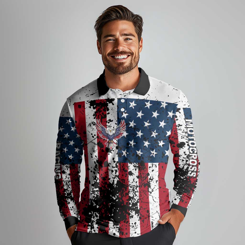 Custom American Flag Motocross Long Sleeve Polo Shirt with Eagle Graphic - Wonder Print Shop