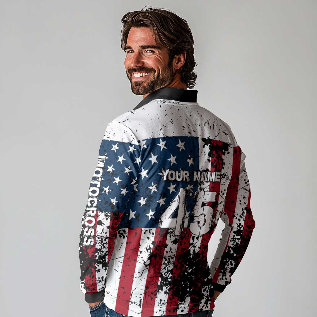Custom American Flag Motocross Long Sleeve Polo Shirt with Eagle Graphic - Wonder Print Shop