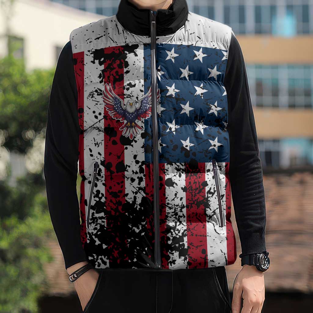 Custom American Flag Motocross Sleeveless Puffer Jacket with Eagle Graphic - Wonder Print Shop