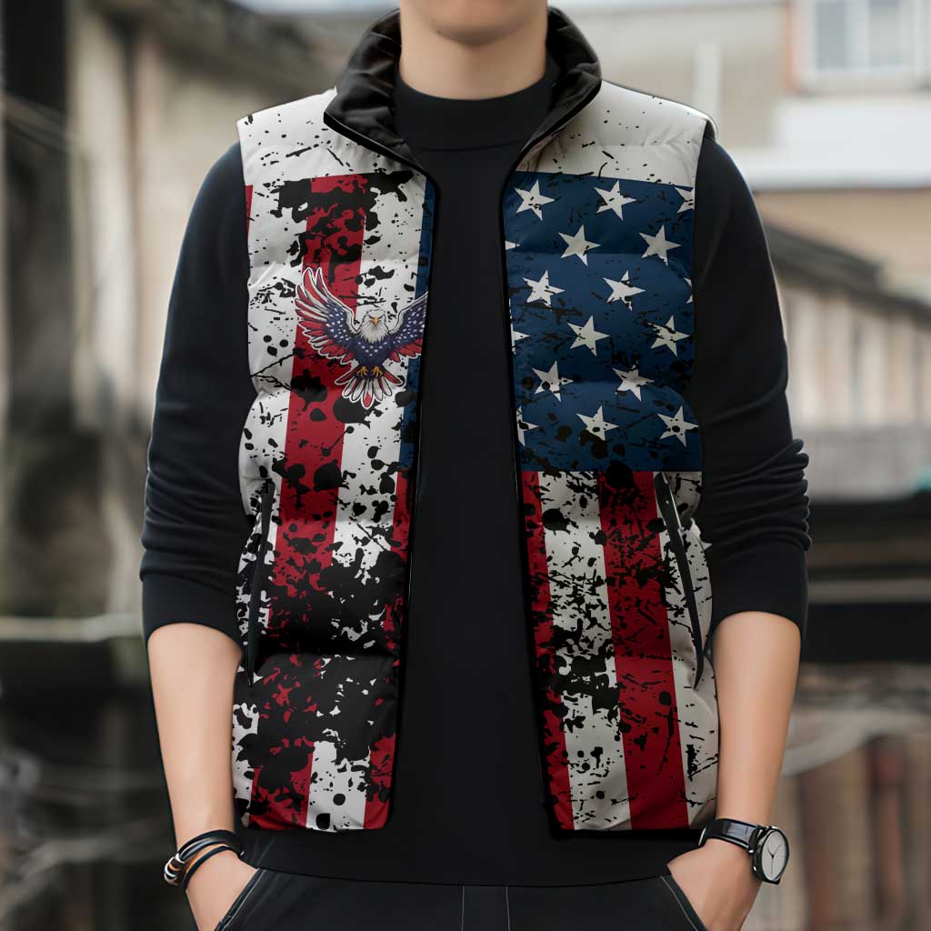 Custom American Flag Motocross Sleeveless Puffer Jacket with Eagle Graphic - Wonder Print Shop