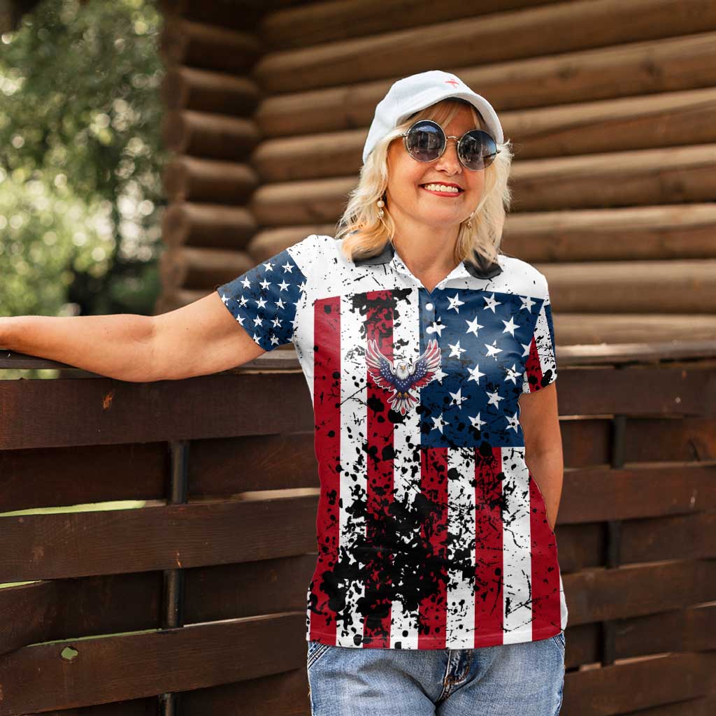Custom American Flag Motocross Women Polo Shirt with Eagle Graphic - Wonder Print Shop