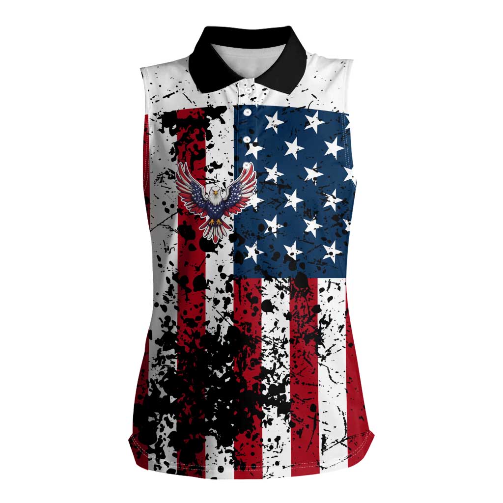 Custom American Flag Motocross Women Sleeveless Polo Shirt with Eagle Graphic - Wonder Print Shop