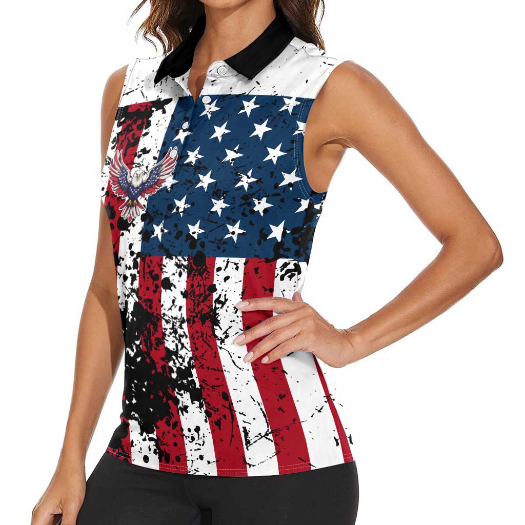 Custom American Flag Motocross Women Sleeveless Polo Shirt with Eagle Graphic - Wonder Print Shop