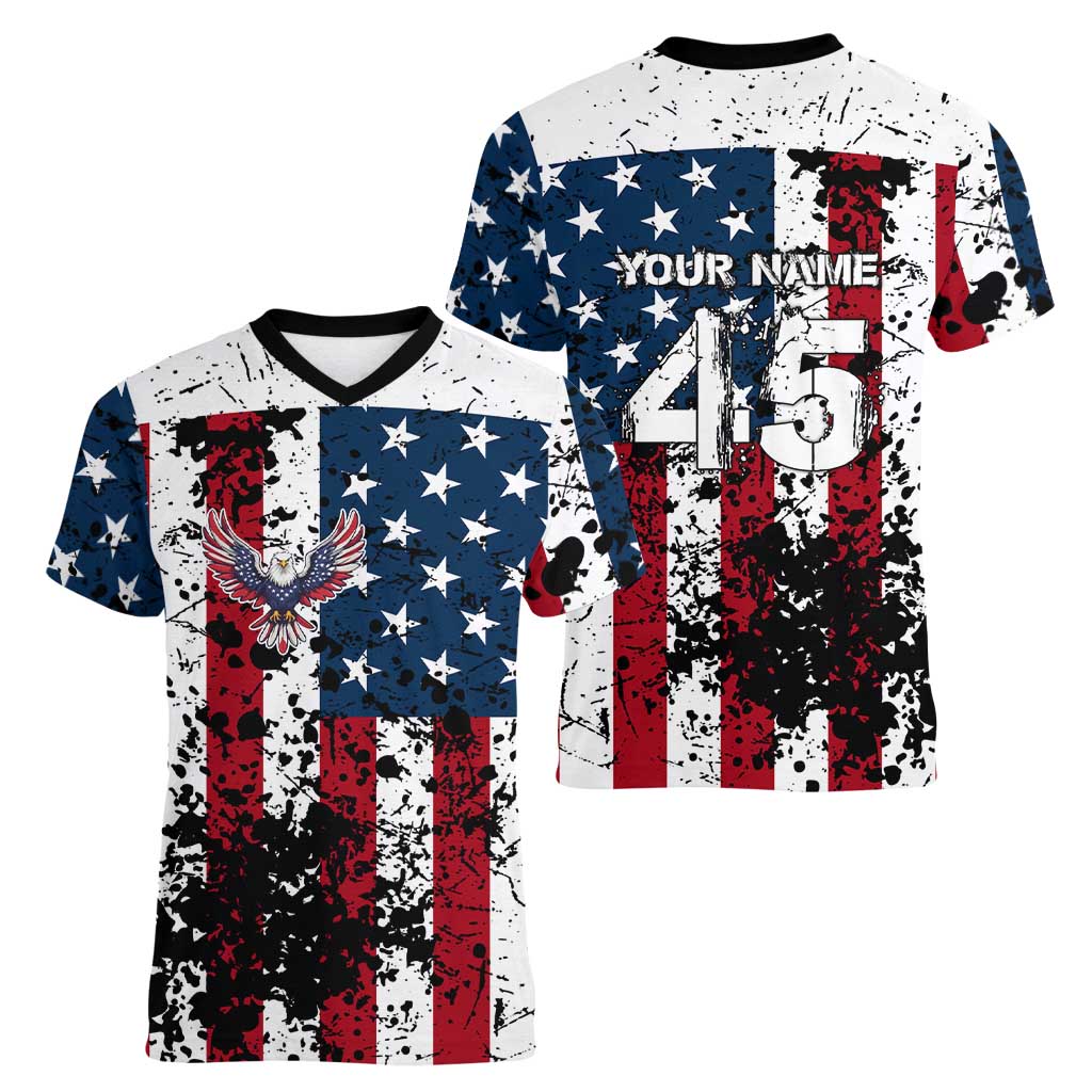 Custom American Flag Motocross Women V-Neck T-Shirt with Eagle Graphic - Wonder Print Shop