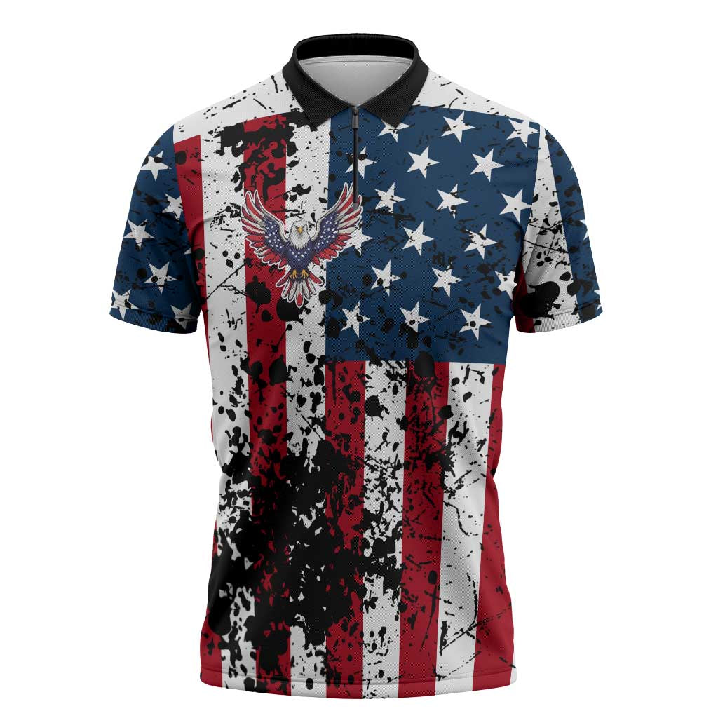 Custom American Flag Motocross Zipper Polo Shirt with Eagle Graphic - Wonder Print Shop