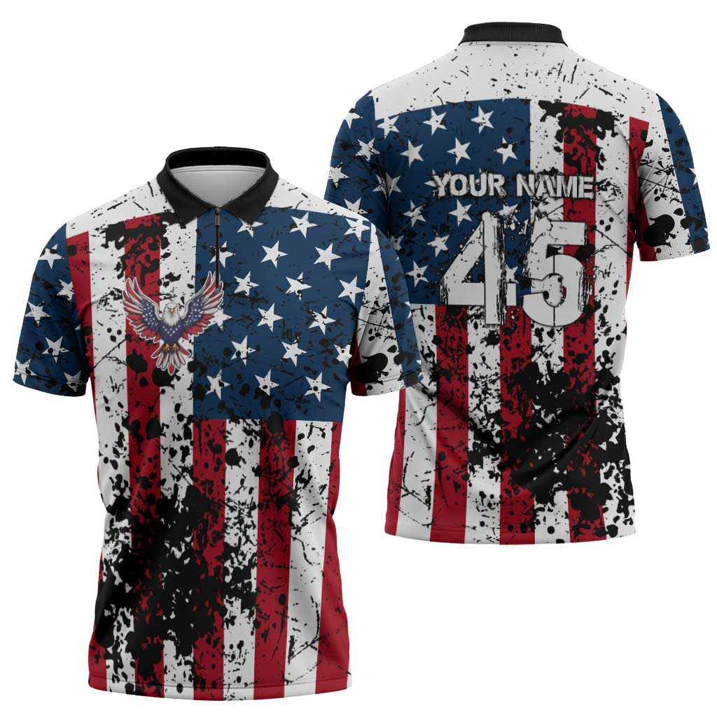 Custom American Flag Motocross Zipper Polo Shirt with Eagle Graphic - Wonder Print Shop