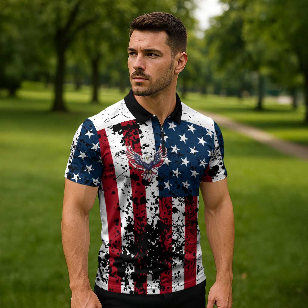 Custom American Flag Motocross Zipper Polo Shirt with Eagle Graphic - Wonder Print Shop