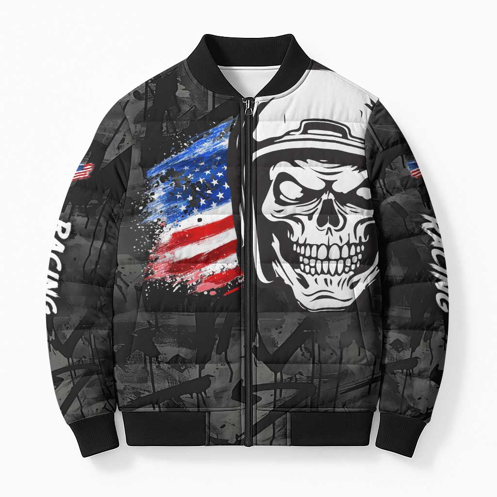 Custom American Flag Skull Motocross Bomber Puffer Jacket - Wonder Print Shop