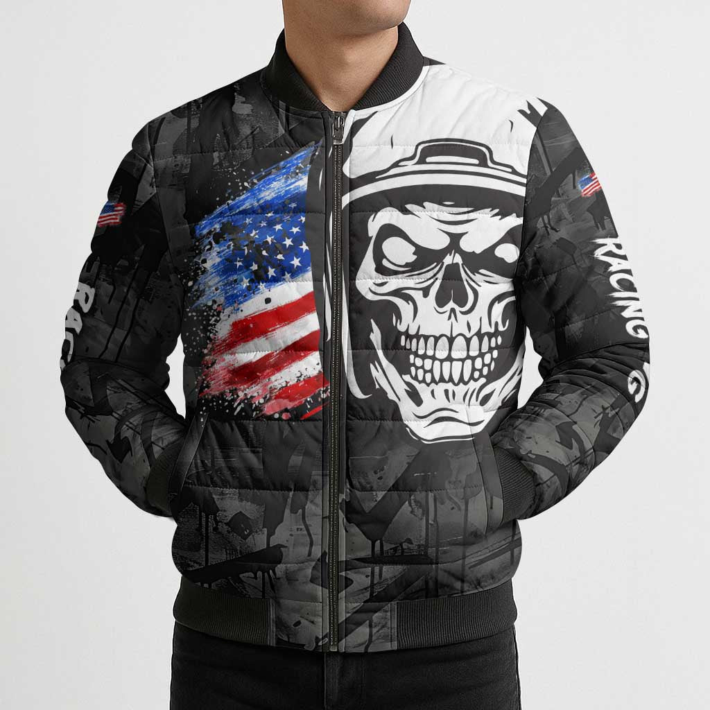 Custom American Flag Skull Motocross Bomber Puffer Jacket - Wonder Print Shop