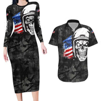 Custom American Flag Skull Motocross Couples Matching Long Sleeve Bodycon Dress and Hawaiian Shirt - Wonder Print Shop