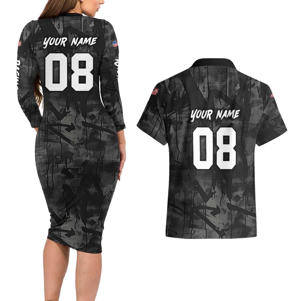 Custom American Flag Skull Motocross Couples Matching Long Sleeve Bodycon Dress and Hawaiian Shirt - Wonder Print Shop