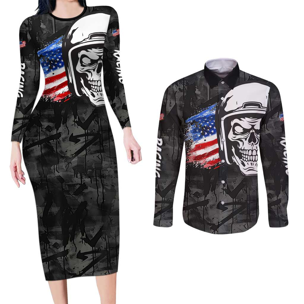 Custom American Flag Skull Motocross Couples Matching Long Sleeve Bodycon Dress and Long Sleeve Button Shirt - Wonder Print Shop