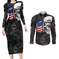 Custom American Flag Skull Motocross Couples Matching Long Sleeve Bodycon Dress and Long Sleeve Button Shirt - Wonder Print Shop