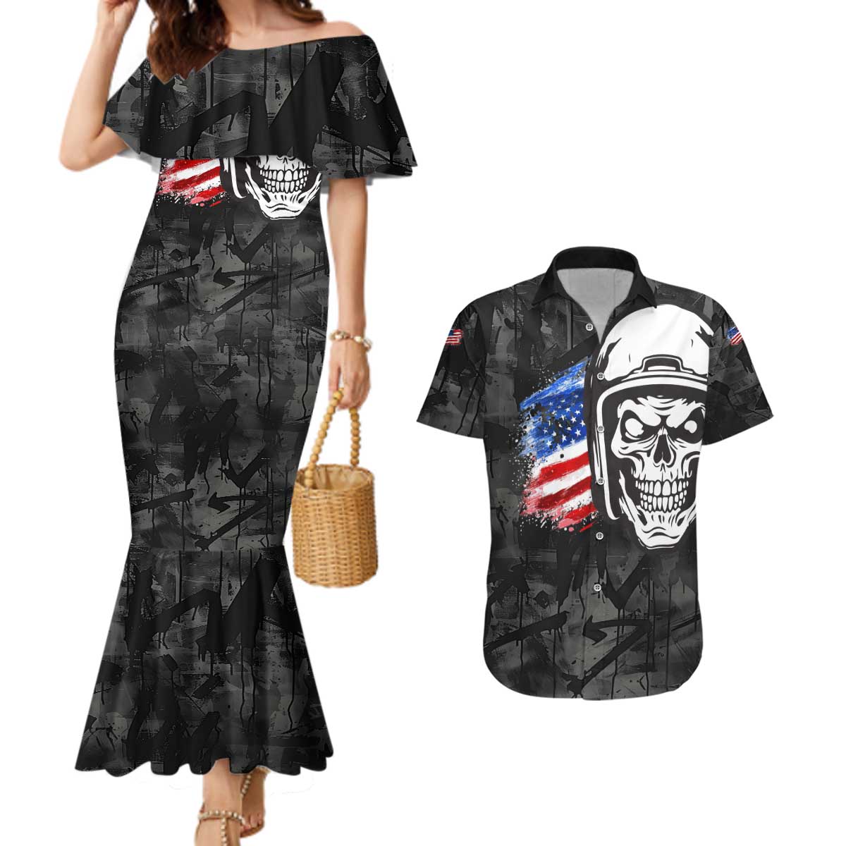 Custom American Flag Skull Motocross Couples Matching Mermaid Dress and Hawaiian Shirt - Wonder Print Shop